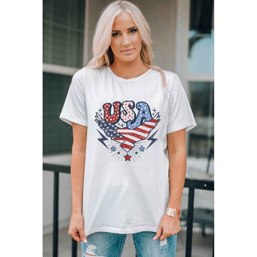 Womens White USA Flag Eagle Graphic Print Short Sleeve T Shirt Image 1