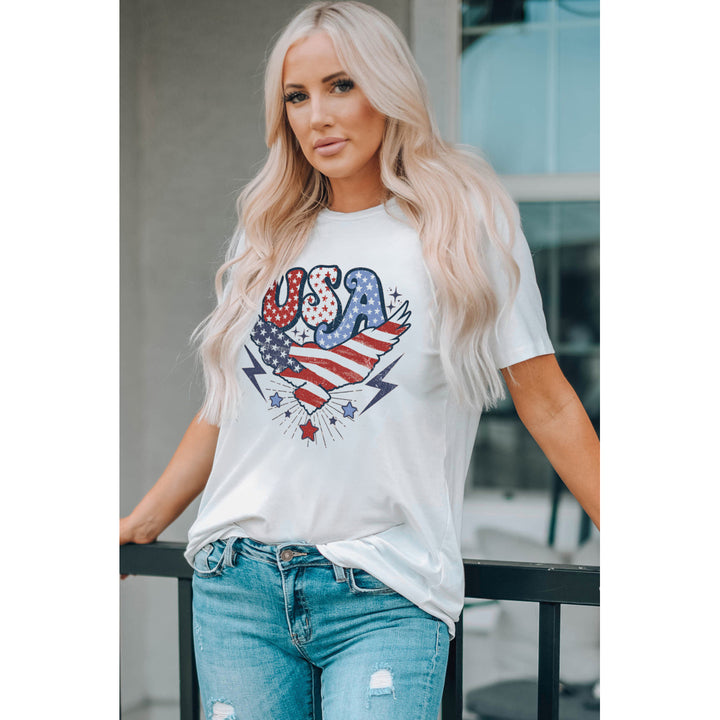 Womens White USA Flag Eagle Graphic Print Short Sleeve T Shirt Image 2
