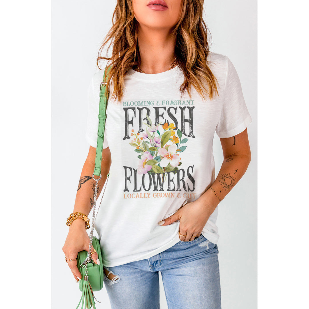 Womens White FRESH FLOWERS Letter Graphic Printed Short Sleeve Tee Image 1