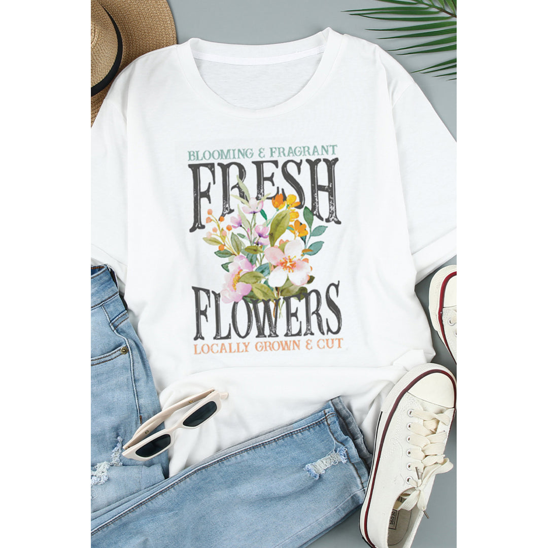 Womens White FRESH FLOWERS Letter Graphic Printed Short Sleeve Tee Image 3