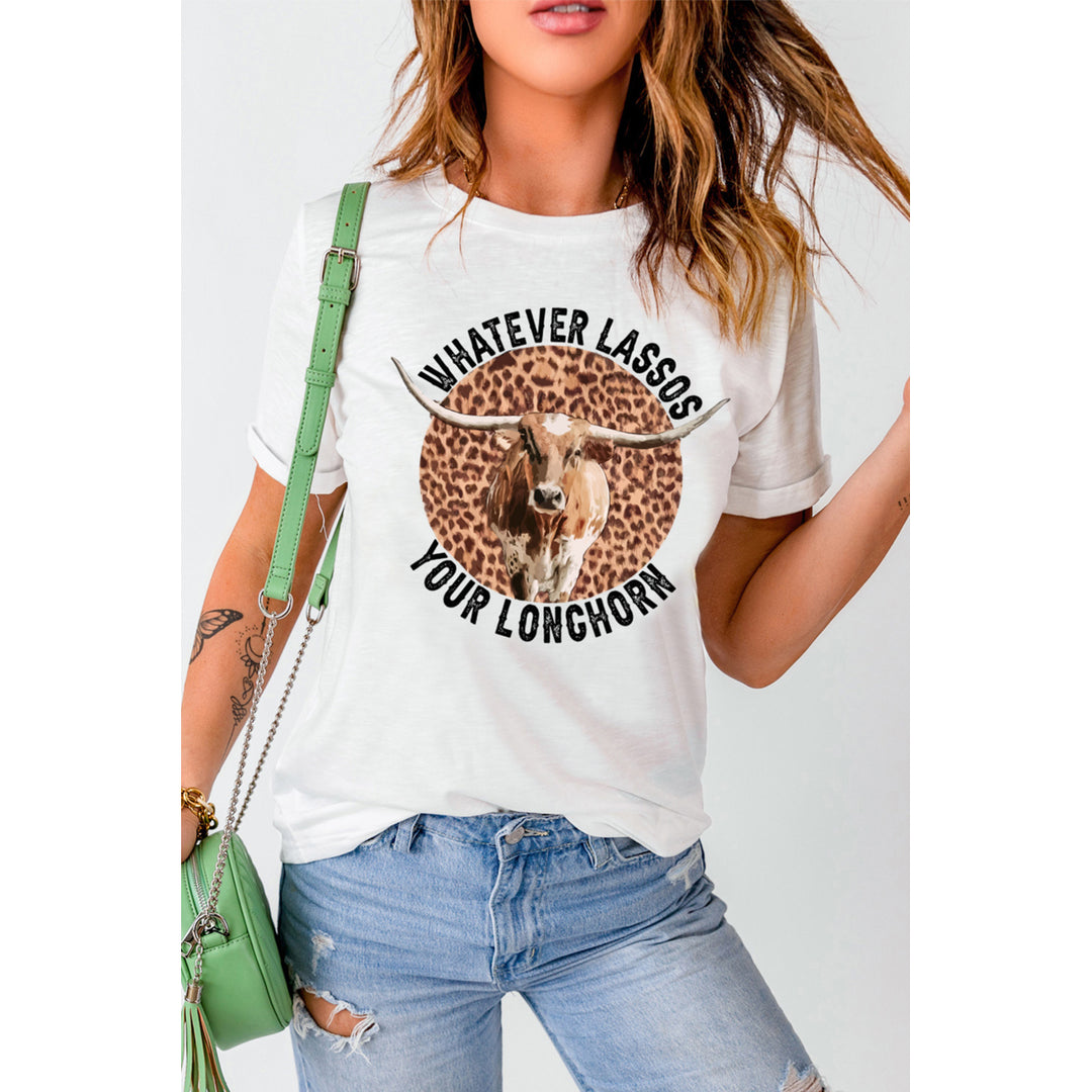Women's White Whatever Lassos Your Longhorn Leopard Pattern Graphic Tee Image 1