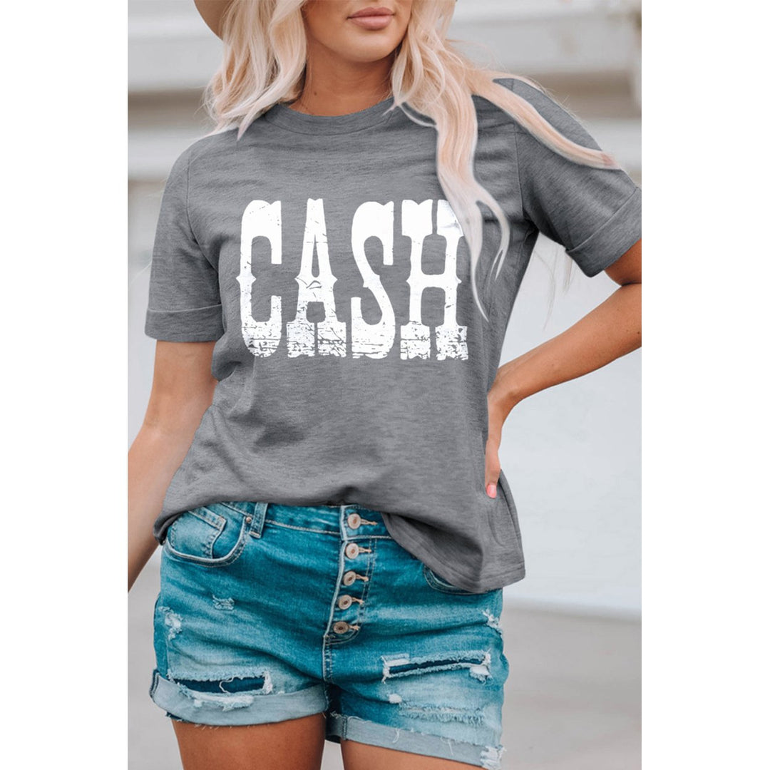 Women's Gray CASH Letter Print Short Sleeve T Shirt Image 1