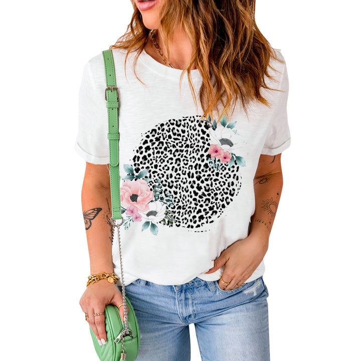 Womens White Floral Leopard Print Casual Short Sleeve T Shirt Image 3