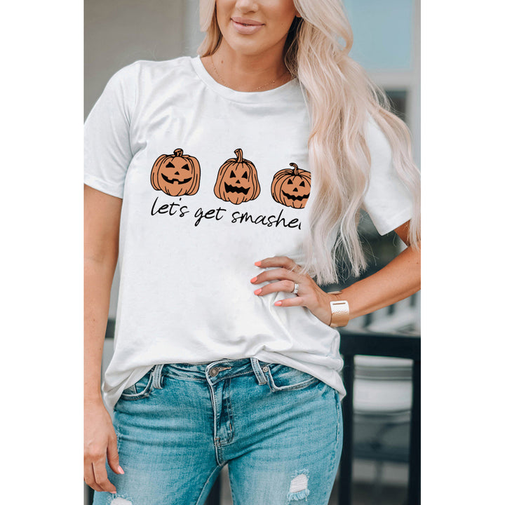 Women's White Let's Get Smashed Pumpkin Print Short Sleeve T Shirt Image 1