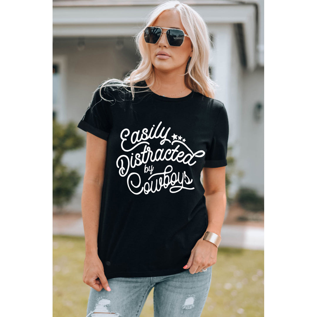 Women's Black EASILY DISTRACTED BY COWBOYS Letter Graphic Tee Image 1