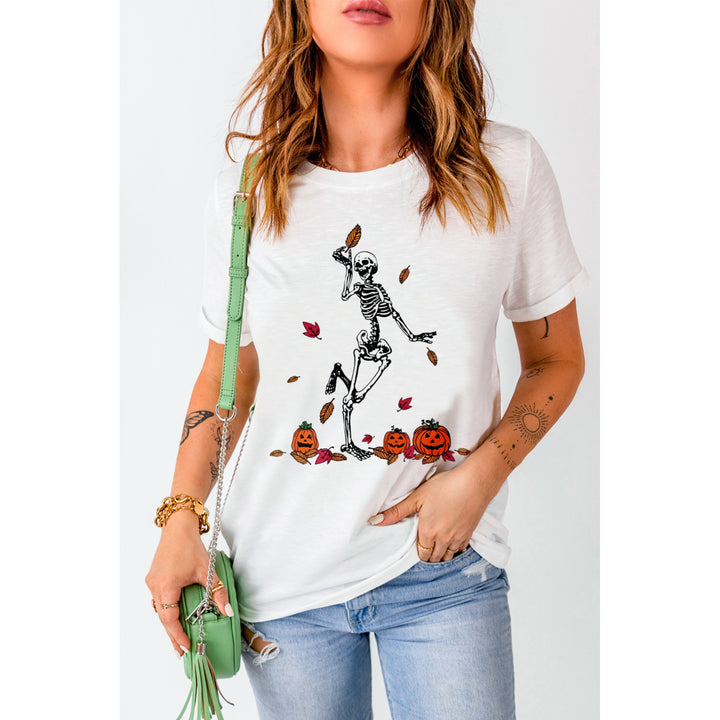 Womens White Walking Skeleton Fall Vibe Graphic Tee Image 2