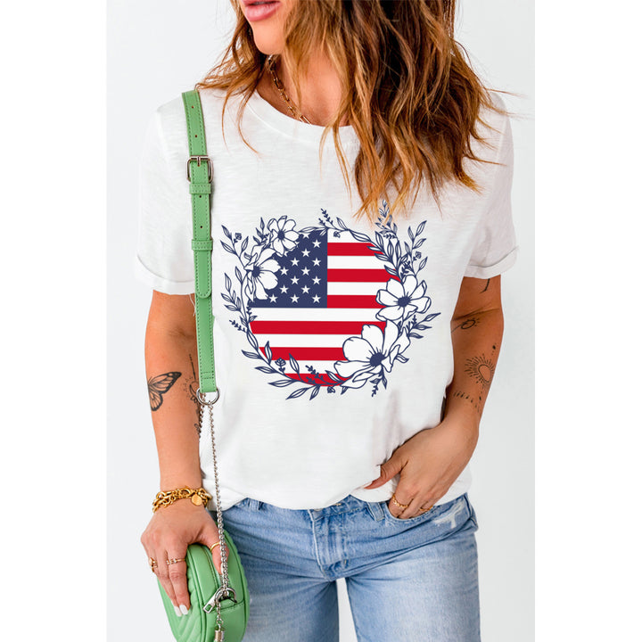 Women's White American Flag Flower Print Crew Neck Graphic T Shirt Image 1
