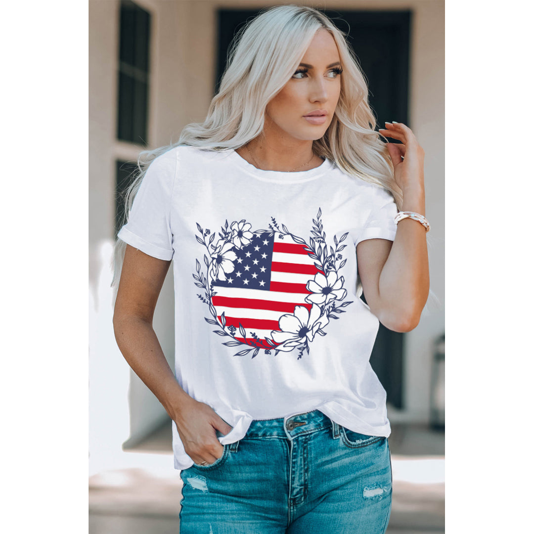 Women's White American Flag Flower Print Crew Neck Graphic T Shirt Image 2
