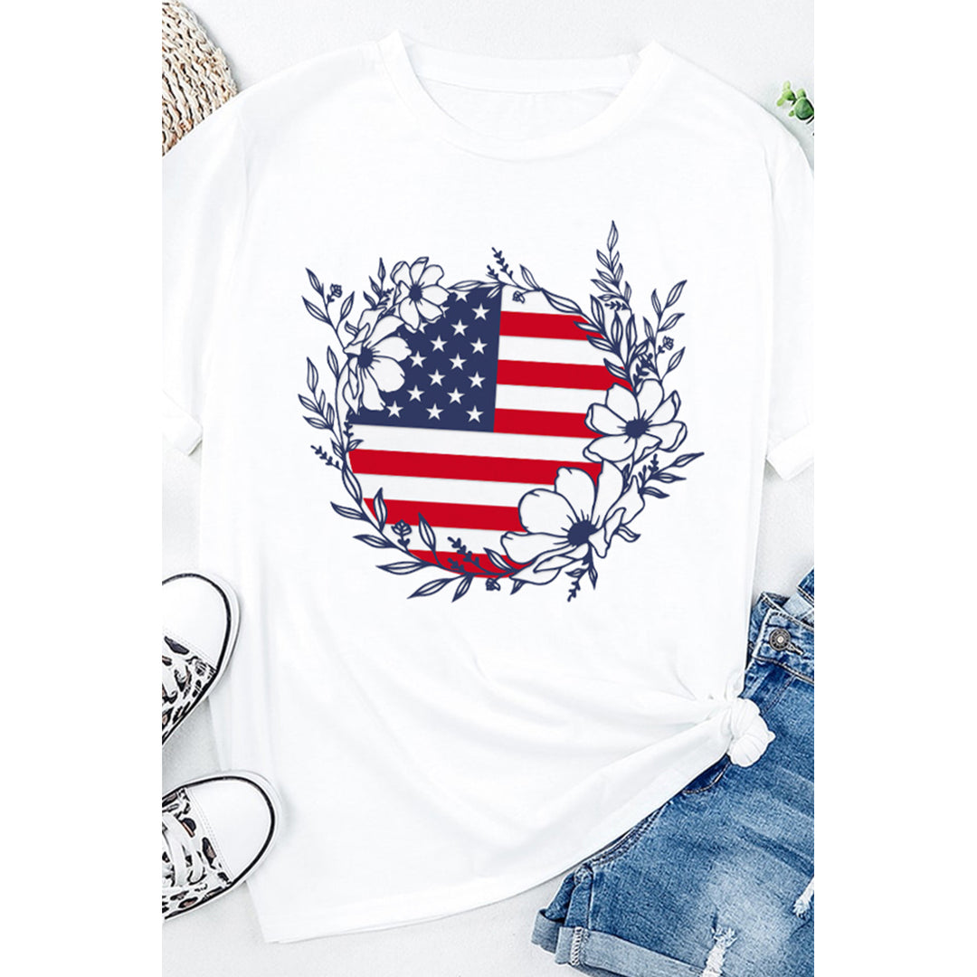 Women's White American Flag Flower Print Crew Neck Graphic T Shirt Image 3