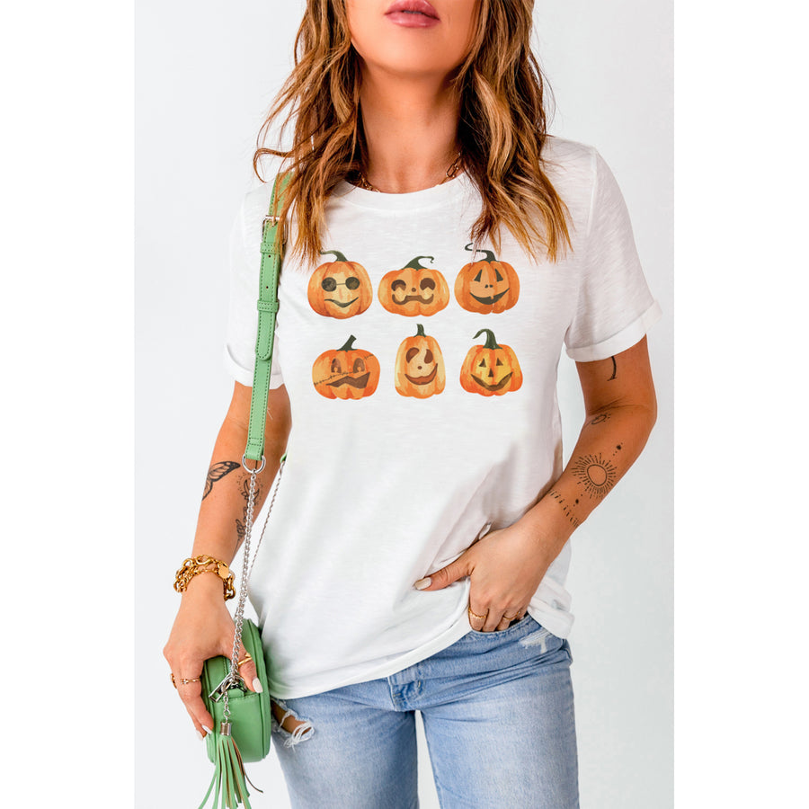 Womens White Halloween Funny Pumpkin Graphic Print Short Sleeve T Shirt Image 1