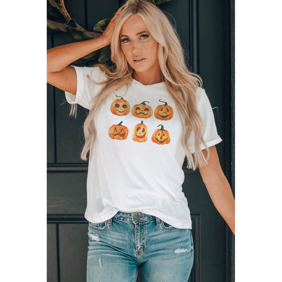 Womens White Halloween Funny Pumpkin Graphic Print Short Sleeve T Shirt Image 3