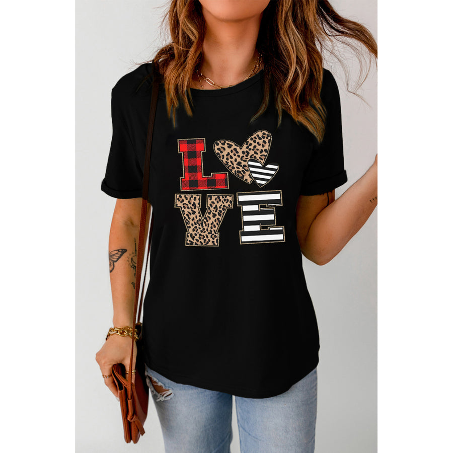 Women's Black LOVE Heart Plaid Striped Leopard Print Graphic T Shirt Image 1