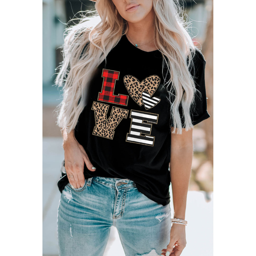 Women's Black LOVE Heart Plaid Striped Leopard Print Graphic T Shirt Image 3