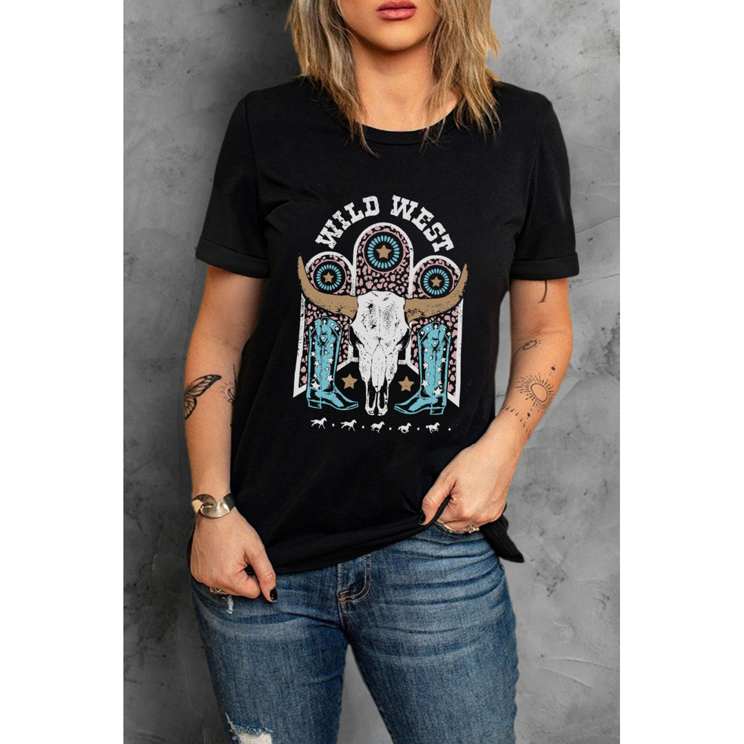 Womens Black WILD WEST Steer Skull Graphic Print Short Sleeve T Shirt Image 1