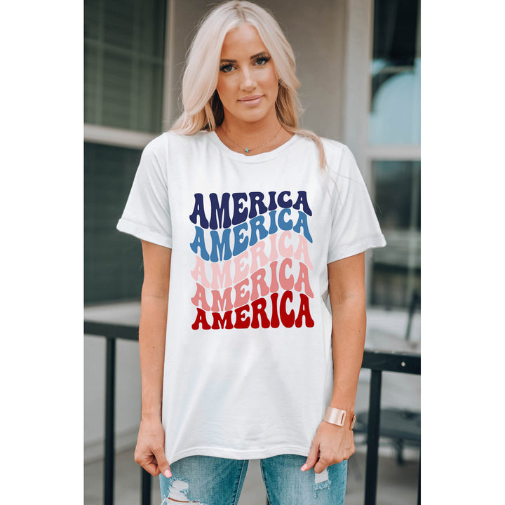 Women's White AMERICA Letter Gradient Color Print Crew Neck T Shirt Image 1