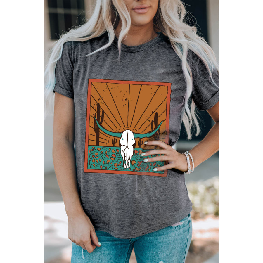 Women's Gray Western Steer Skull Graphic Print Crew Neck T Shirt Image 1