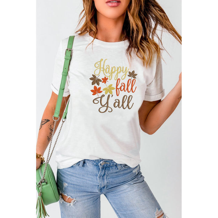 Women's White Fall Leaves Embroidered Short Sleeve T Shirt Image 1