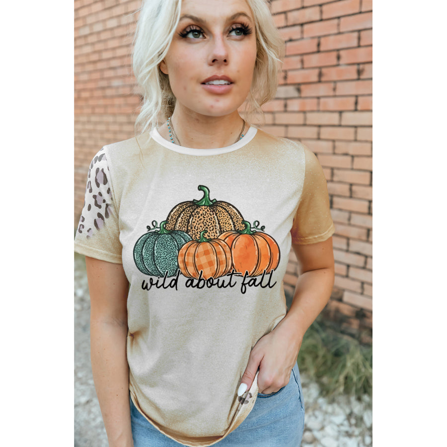 Womens Khaki wild about fall Leopard Pumpkin Print Short Sleeve T Shirt Image 1