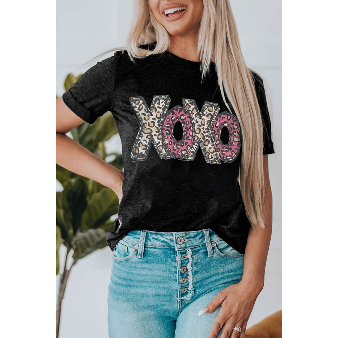 Women's Black XOXO Leopard Letter Print T Shirt Image 1