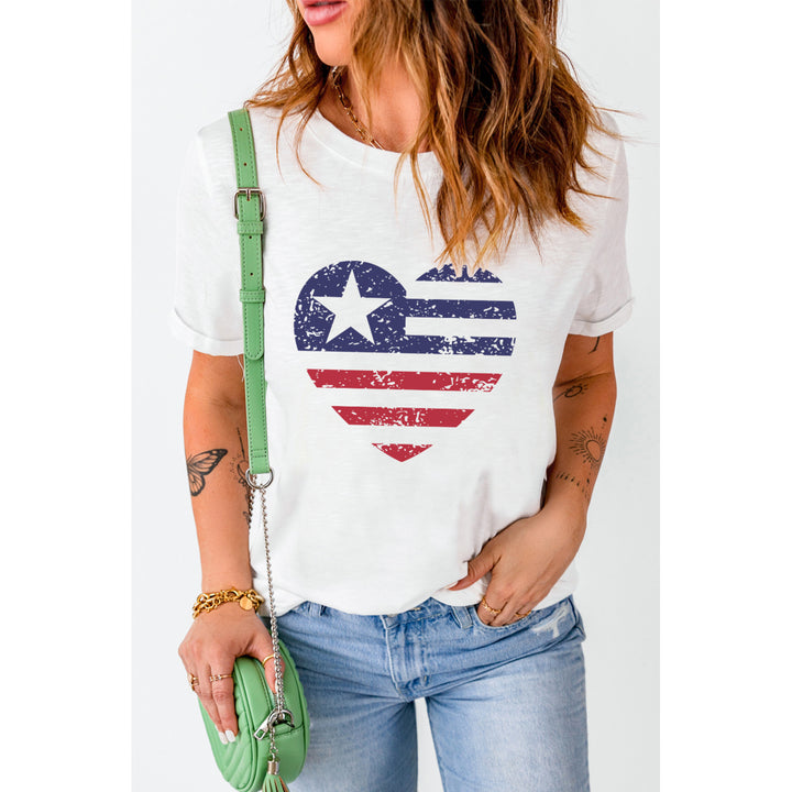 Women's White American Flag Heart Shape Print Crew Neck T Shirt Image 1