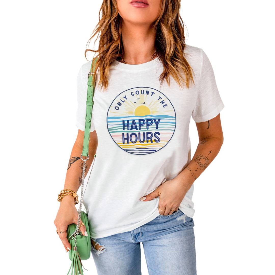 Women's White HAPPY HOURS Graphic Print Short Sleeve T Shirt Image 3