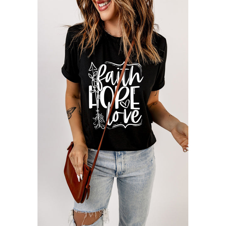 Womens Black Faith Hope Love Graphic Print Short Sleeve T Shirt Image 1