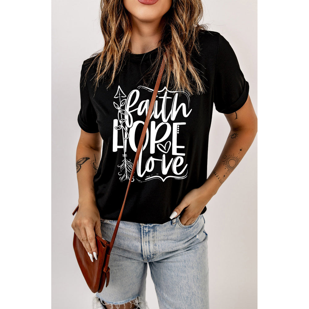 Womens Black Faith Hope Love Graphic Print Short Sleeve T Shirt Image 2