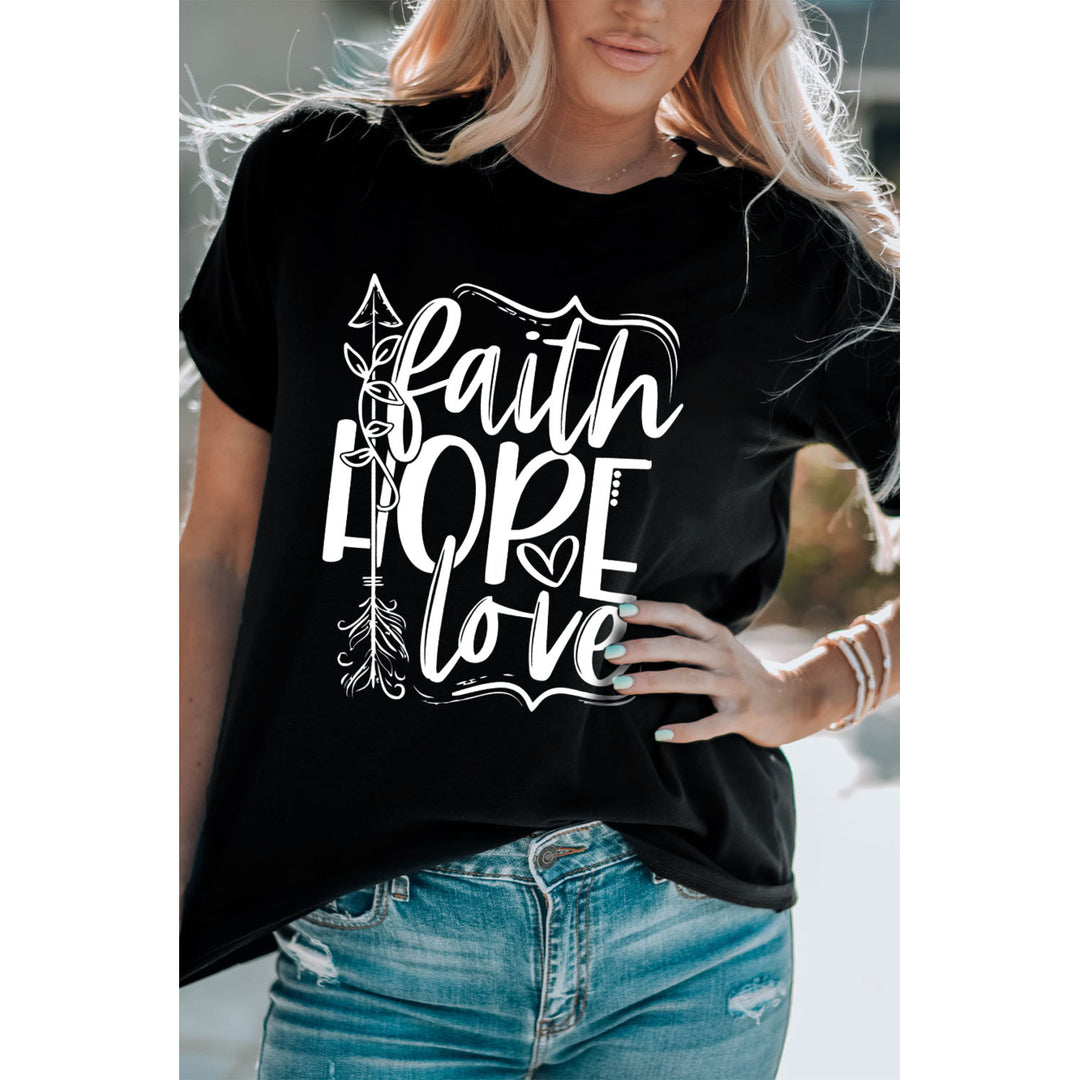 Womens Black Faith Hope Love Graphic Print Short Sleeve T Shirt Image 3