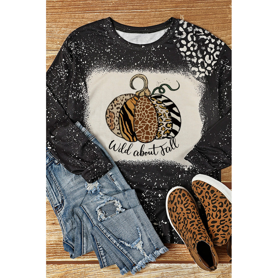 Womens Black Halloween Pumpkin Wild about Fall Bleached Long Sleeve Top Image 1