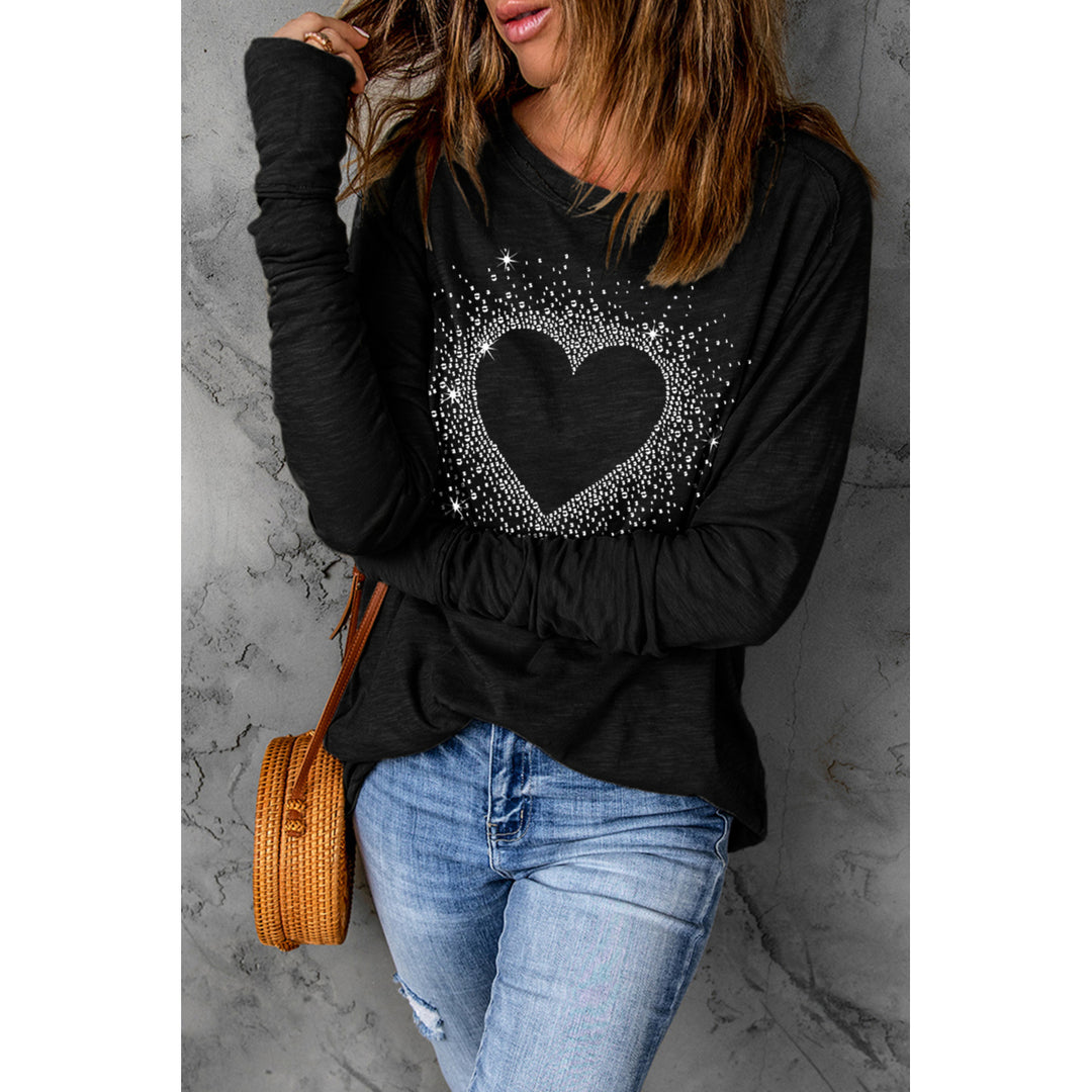 Womens Black Rhinestone Heart Shape Print Long Sleeve Top Image 1