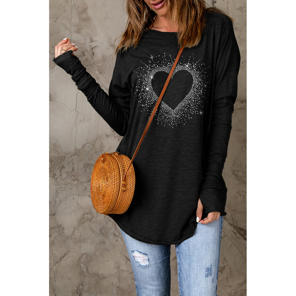 Womens Black Rhinestone Heart Shape Print Long Sleeve Top Image 2