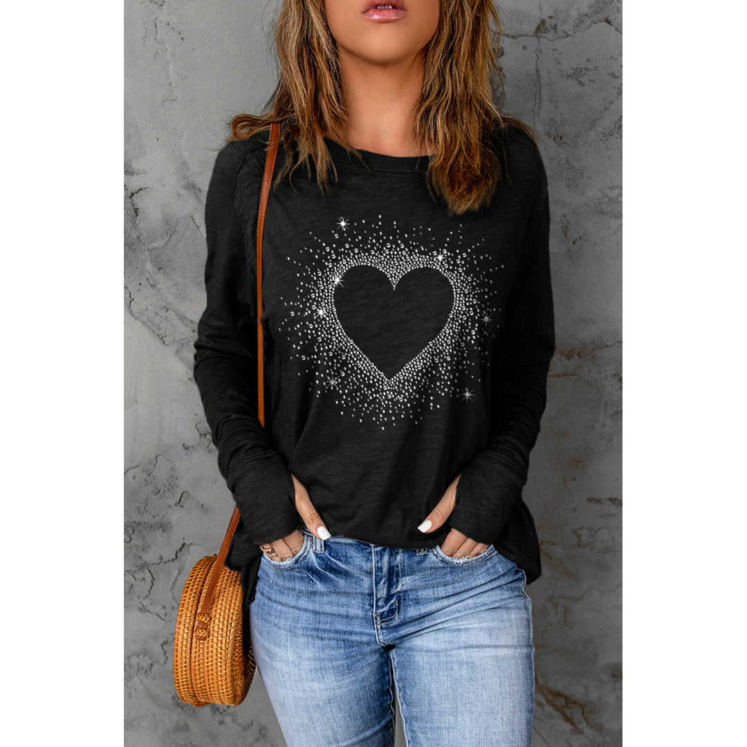 Womens Black Rhinestone Heart Shape Print Long Sleeve Top Image 3