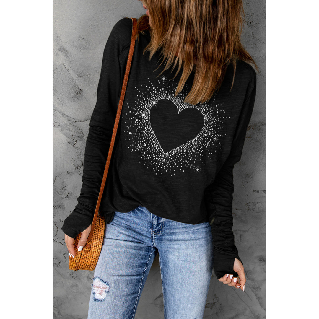 Womens Black Rhinestone Heart Shape Print Long Sleeve Top Image 6