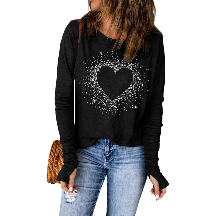 Womens Black Rhinestone Heart Shape Print Long Sleeve Top Image 7