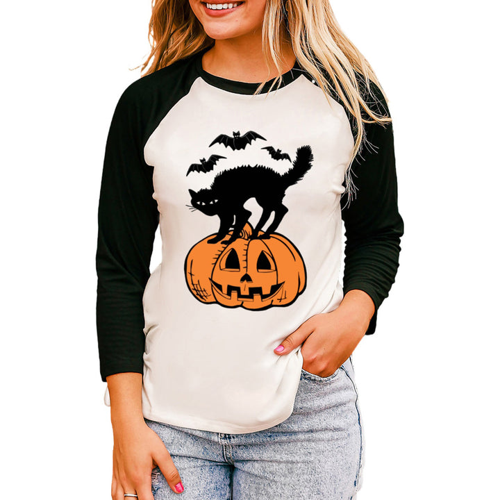 Womens Black Pumpkin Face Cat Bat Graphic Print Color Block Top Image 3