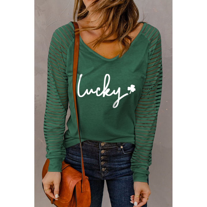 Womens Green Striped Mesh Sleeves Lucky Clover Graphic V Neck Top Image 1