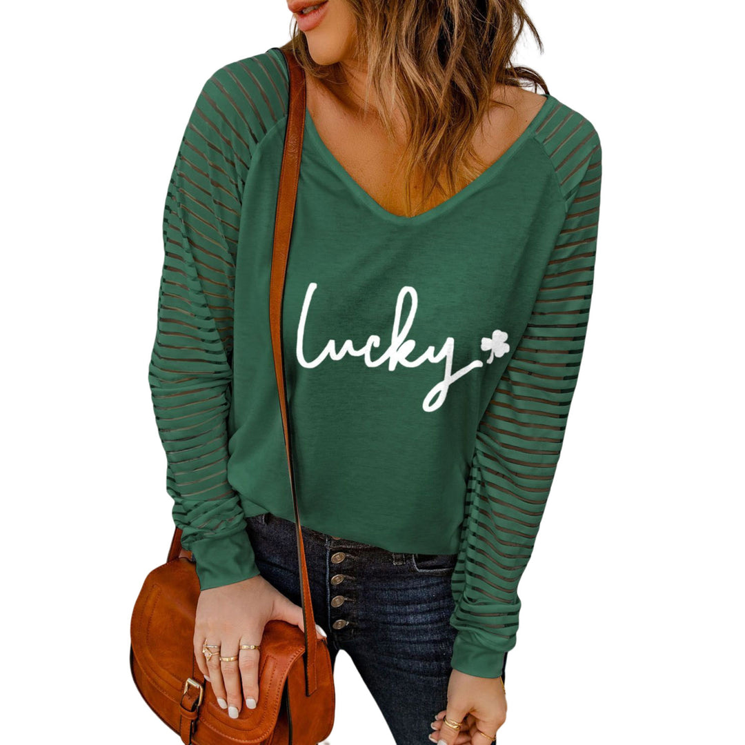 Womens Green Striped Mesh Sleeves Lucky Clover Graphic V Neck Top Image 3