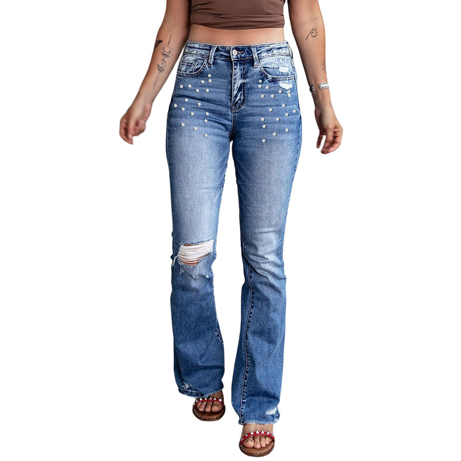 Womens Blue Acid Wash Beaded Ripped High Waist Flare Jeans Image 1