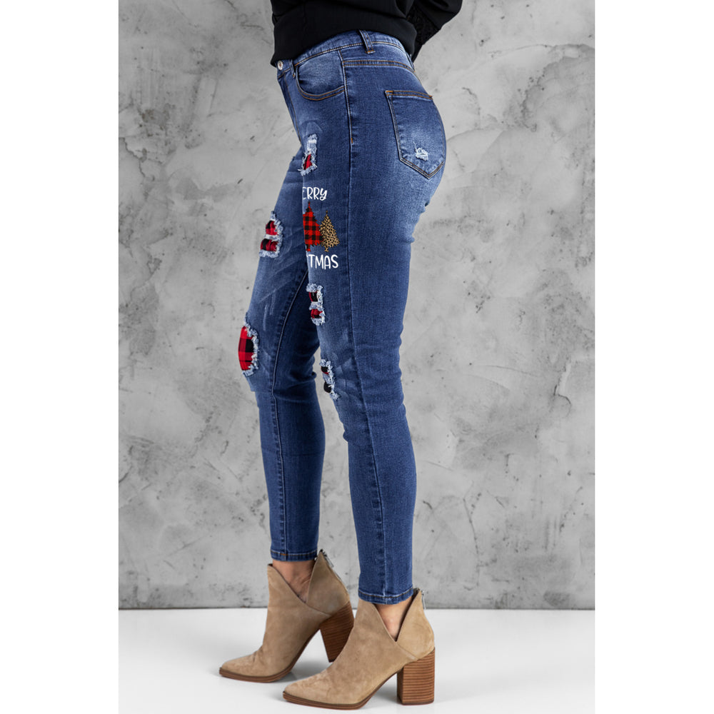 Womens Blue Christmas tree Plaid Cut-out Sheath Casual Ripped Jeans Image 2