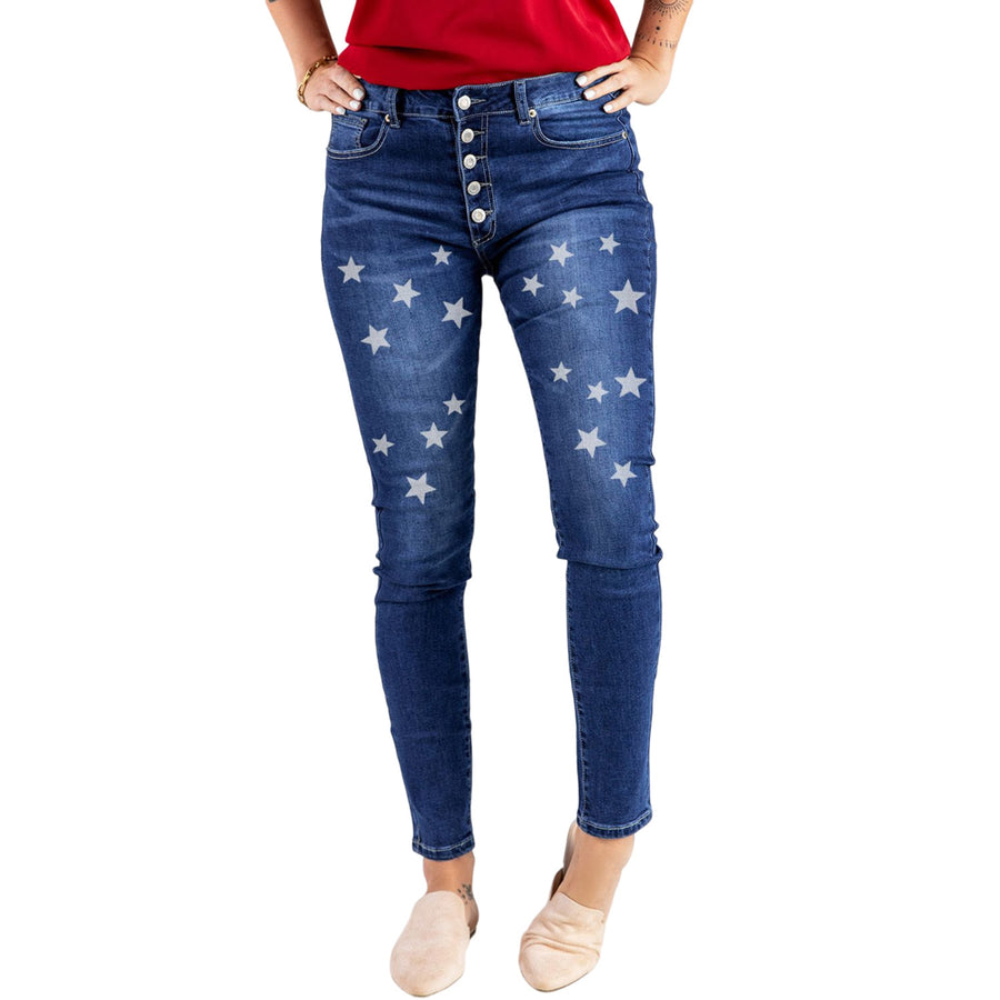 Womens Blue Stars Print Button Fly Mid Rise Skinny Jeans Image 1