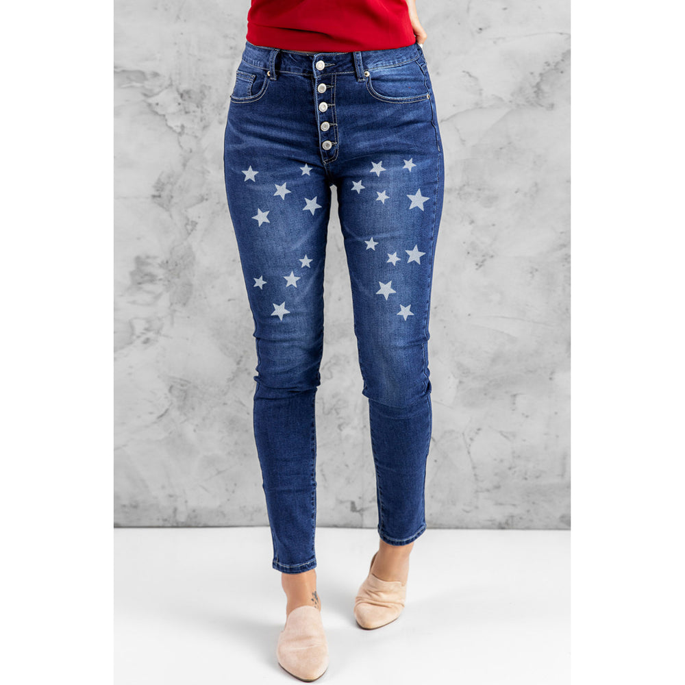 Womens Blue Stars Print Button Fly Mid Rise Skinny Jeans Image 2