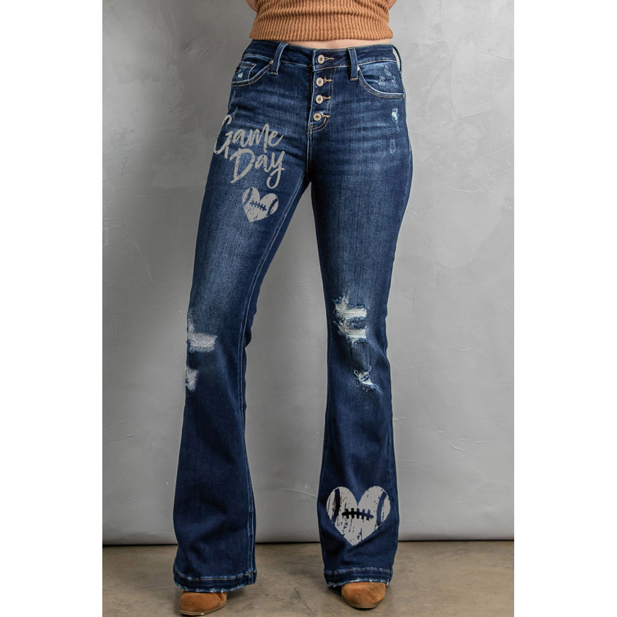 Womens Blue Game Day Rugby Print Distressed High Waist Flare Jeans Image 1