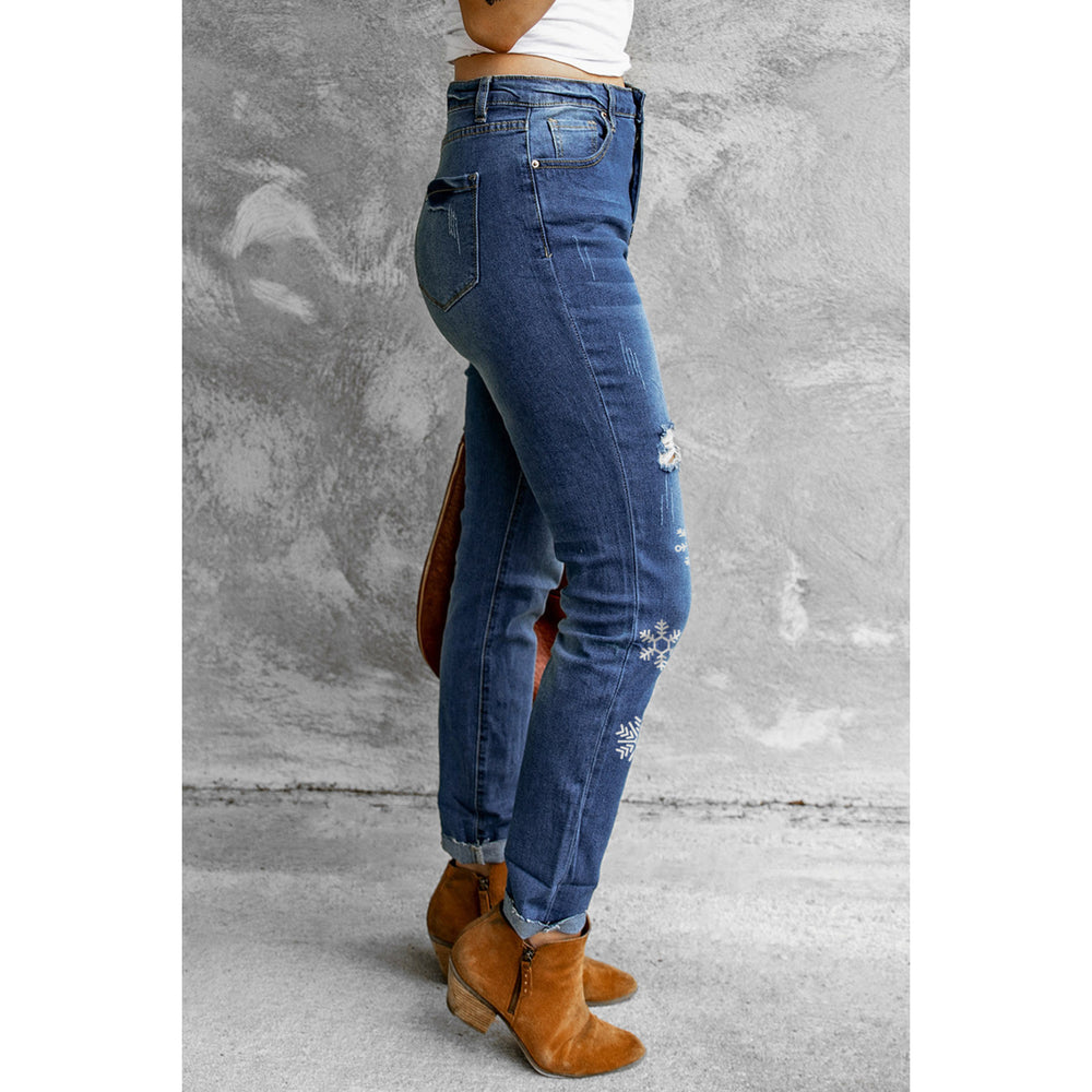 Womens Blue Snowflake Print Ripped Skinny High Rise Jeans Image 2