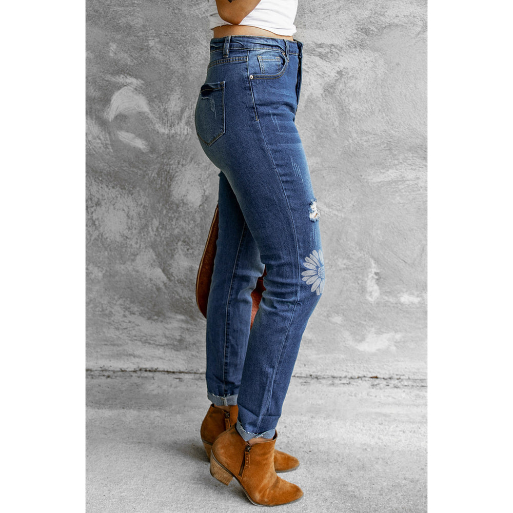 Womens Blue Daisy Print Ripped Straight Leg High Waist Jeans Image 2