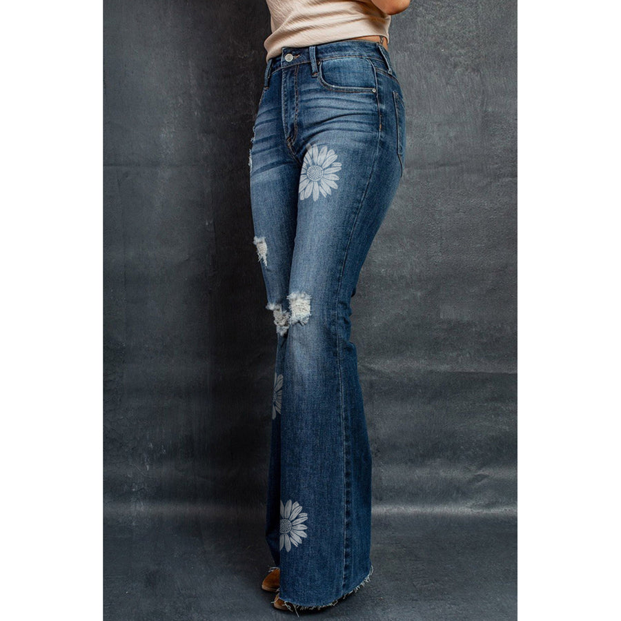 Womens Blue Daisy Pattern High Waist Distressed Flare Jeans Image 1