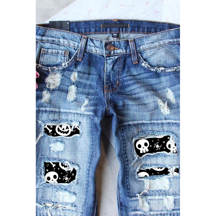 Womens Sky Blue Halloween Skull Patchwork Distressed Jeans Image 1