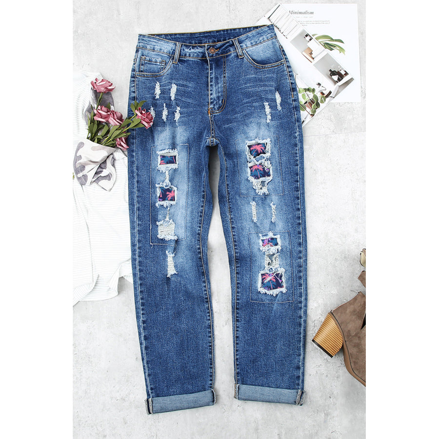 Womens Sky Blue Tropical Plant Patchwork Distressed Mid Rise Jeans Image 1