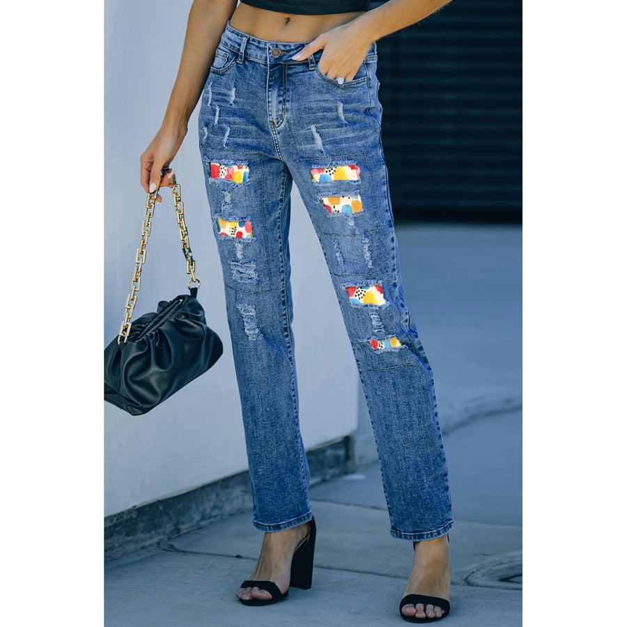 Womens Sky Blue Graffiti Color Block Patchwork Distressed Jeans Image 1