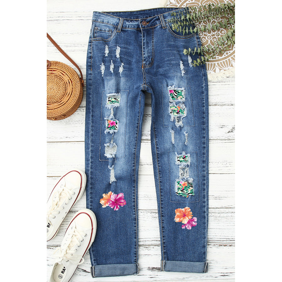 Womens Sky Blue Flower Pattern Print Splicing Distressed Jeans Image 1