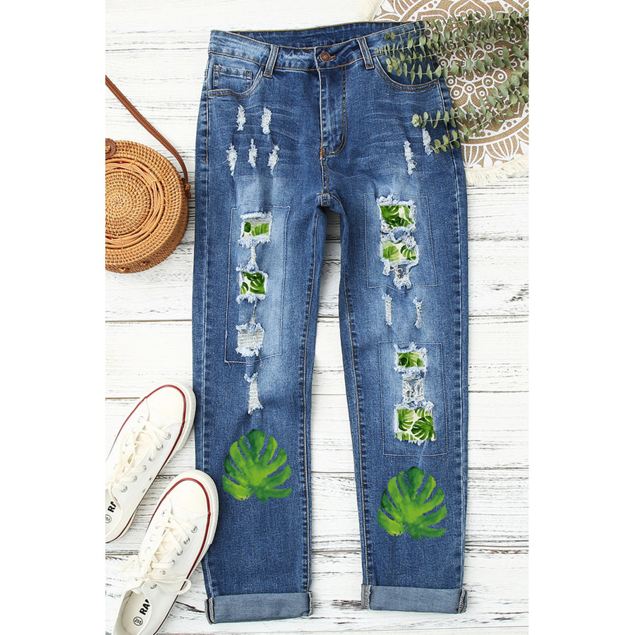 Womens Sky Blue Palm Leaves Pattern Patchwork Distressed Jeans Image 1